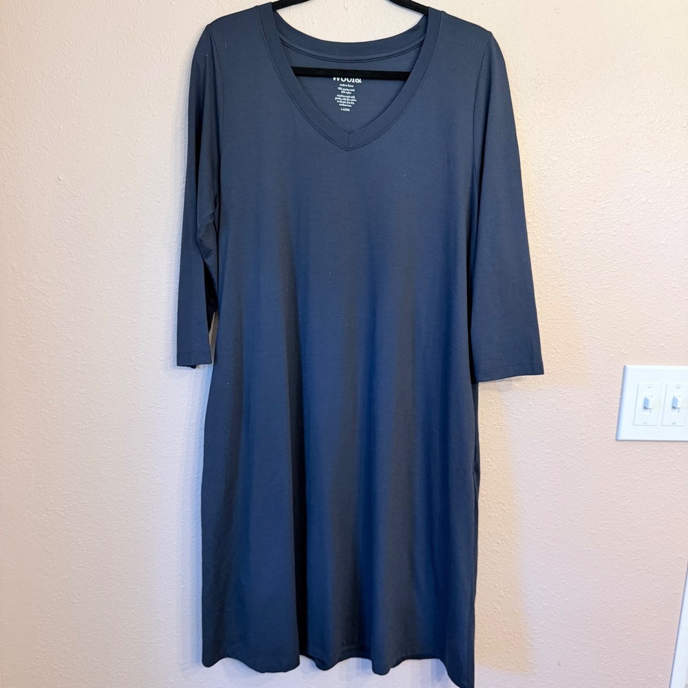 Wool& Willow Merino Wool Swing Dress Marine Blue V-Neck Pockets Size L Long